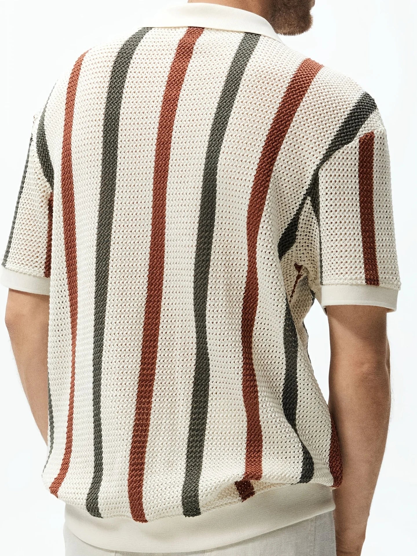 Men's Summer Chunky Knit Short-Sleeve Polo Shirt With Stripes And Contrast Colors, Casual Wear For Daily Outings