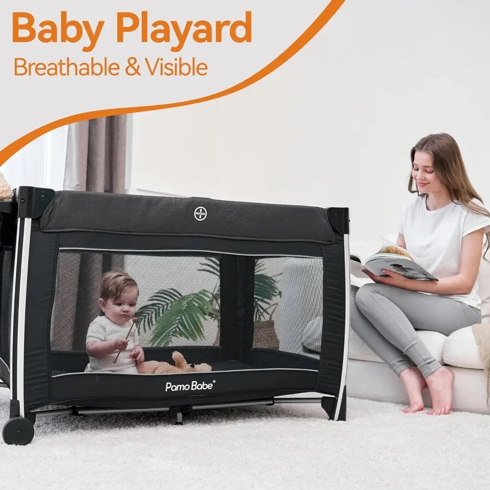 Pamo Babe 4 in 1 Baby Playards with Bassinet & Changing Table, Portable Crib Breathable Mesh and Toy Mobile
