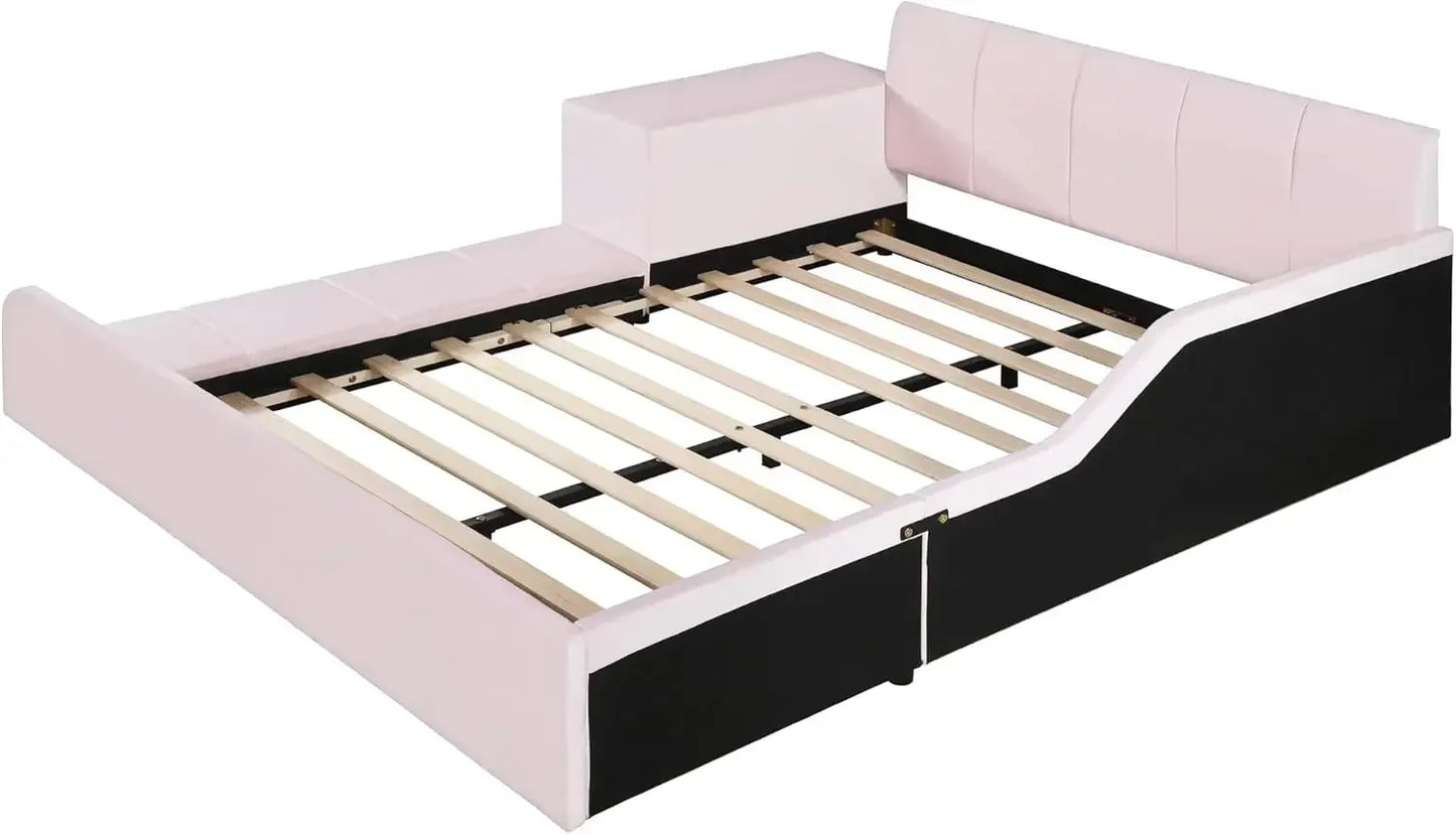 Velvet Upholstered Grounded Bed Platform Bed, Wooden Full Size Mother & Child Bed Frame with Bedside Desk and Little Round Stool