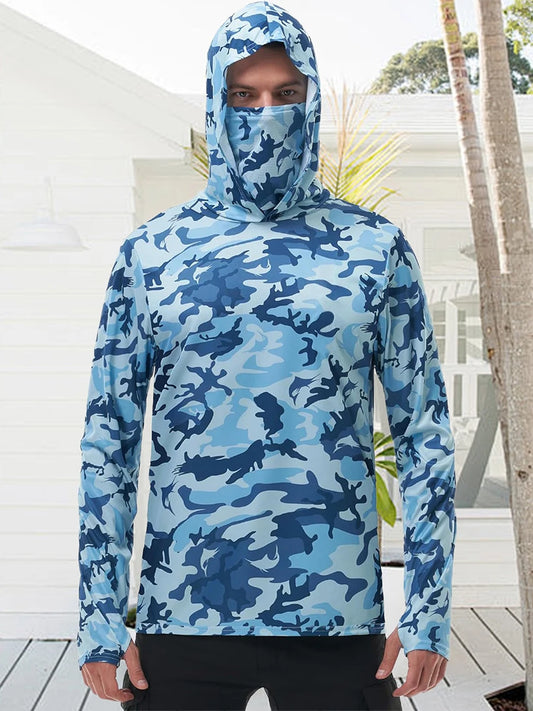 Men s Fishing Shirt Camo Print Hoodie with Built-in Face Mask for Sun Protection and Outdoor Activities like Hiking and Running